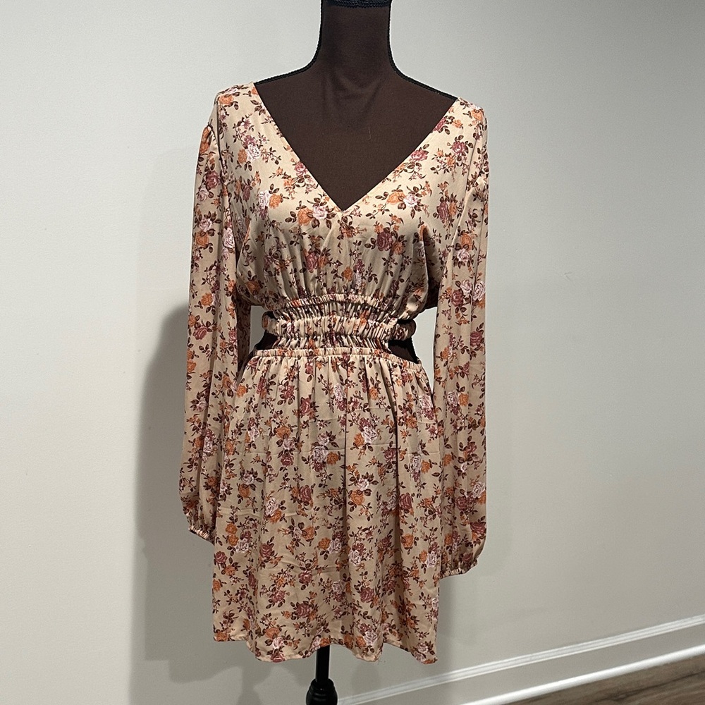Floral Long Sleeve Dress with Side Cutouts